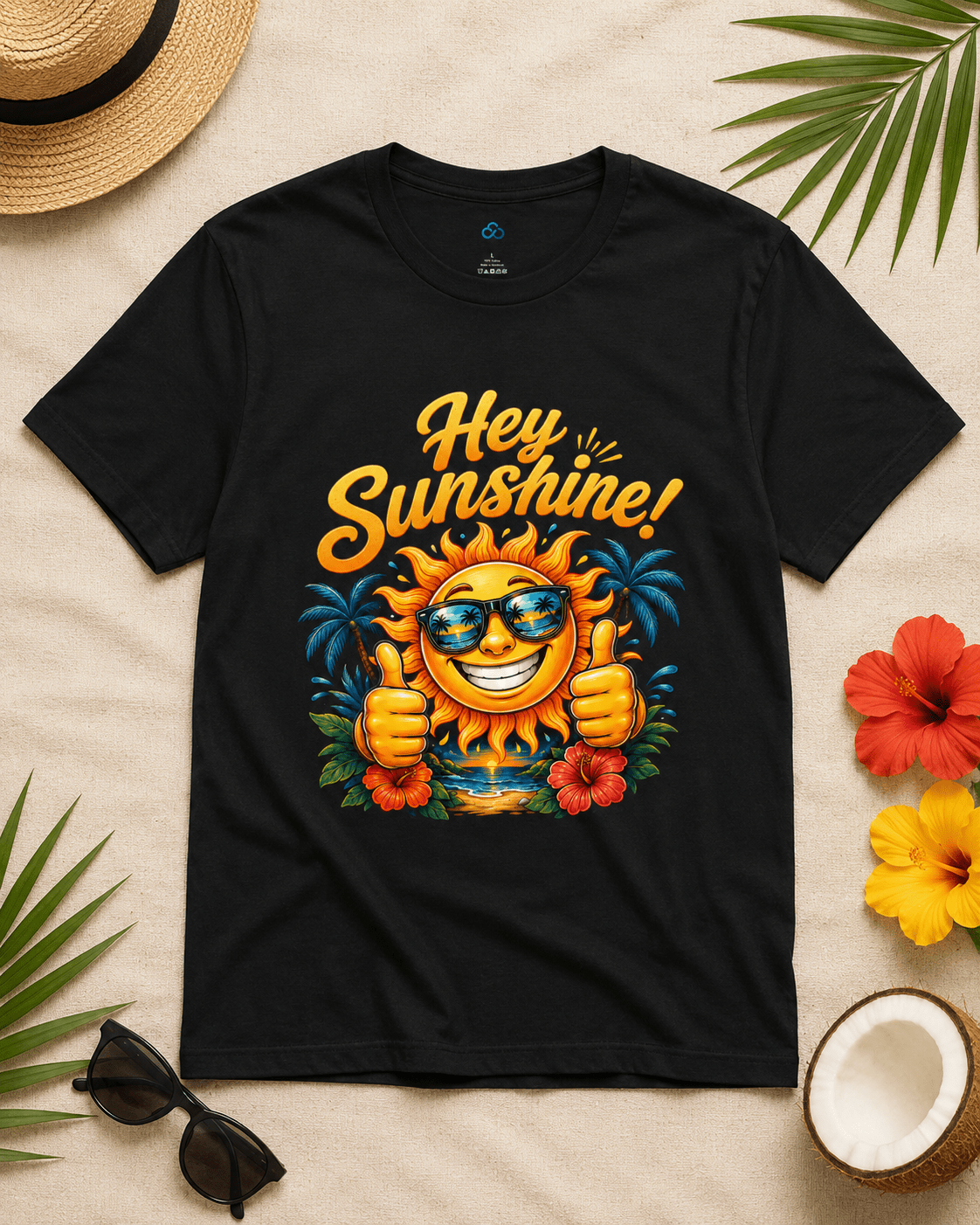 Black crew-neck T-shirt with “Hey Sunshine!” smiling sun graphic, palm trees and flowers.