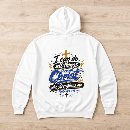 White hoodie with hood and front pocket; large back graphic with cross and text.