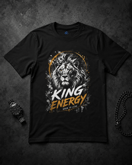 A black short-sleeve graphic t-shirt laid flat on a dark textured background, featuring a lion illustration with the words 'KING ENERGY' in white and orange. A watch and a chain are placed beside the shirt as styling props.