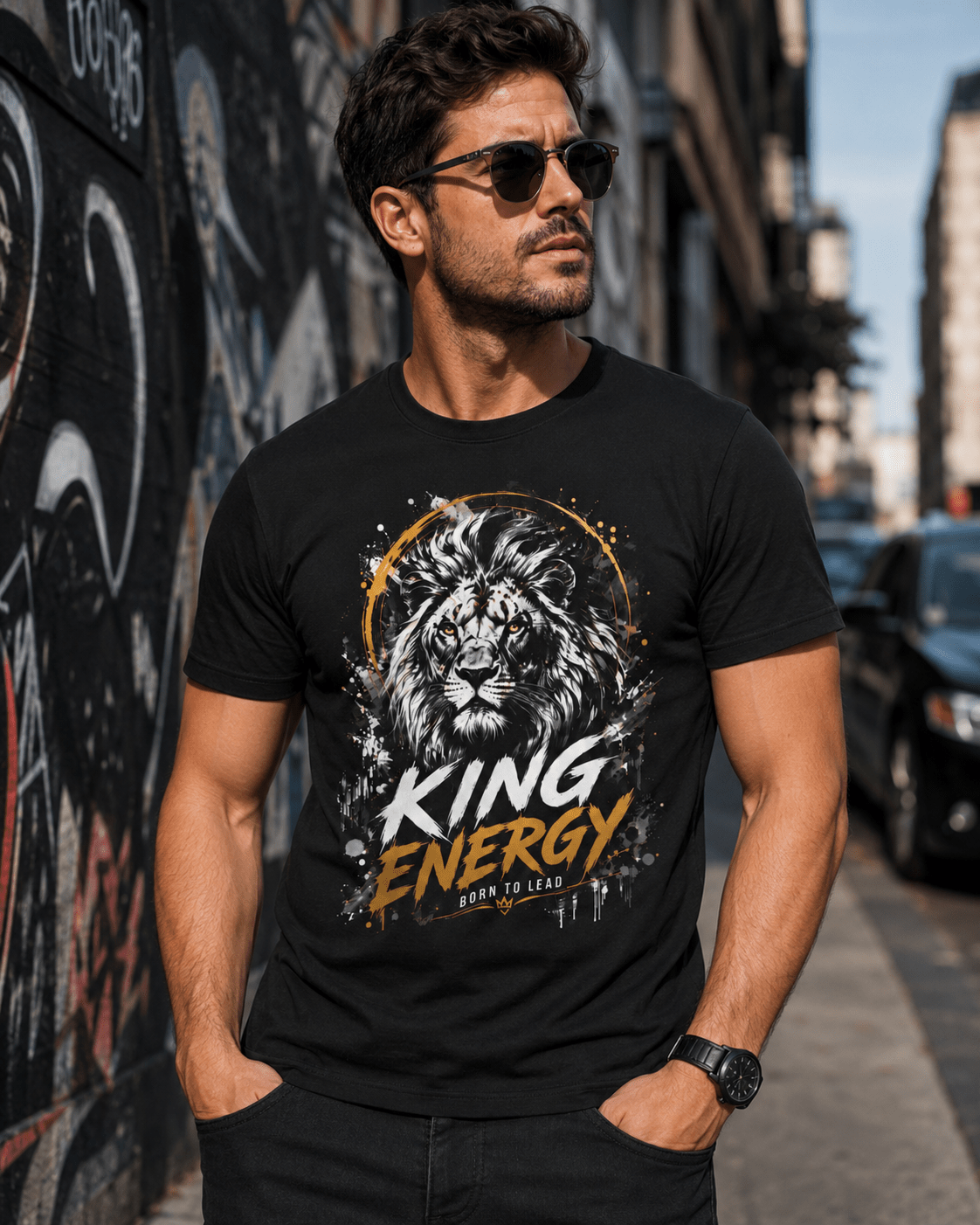 Man wearing a black t-shirt with a lion graphic and 'King Energy' text on a city street.