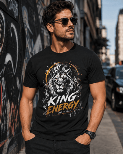 Man wearing a black t-shirt with a lion graphic and 'King Energy' text on a city street.
