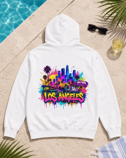 White hoodie with colorful graffiti skyline back print and hood