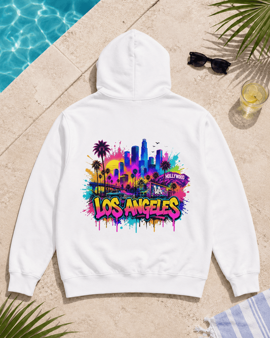 White hoodie with colorful graffiti skyline back print and hood