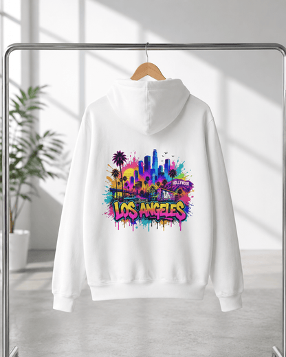 White hoodie on hanger with colorful graffiti skyline chest graphic
