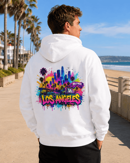 White hoodie with colorful graffiti skyline back print, side view