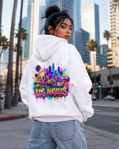 White hoodie with colorful graffiti skyline back print, side view