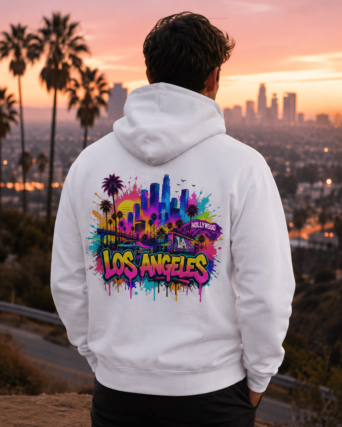 White hoodie with colorful graffiti skyline back print, rear view