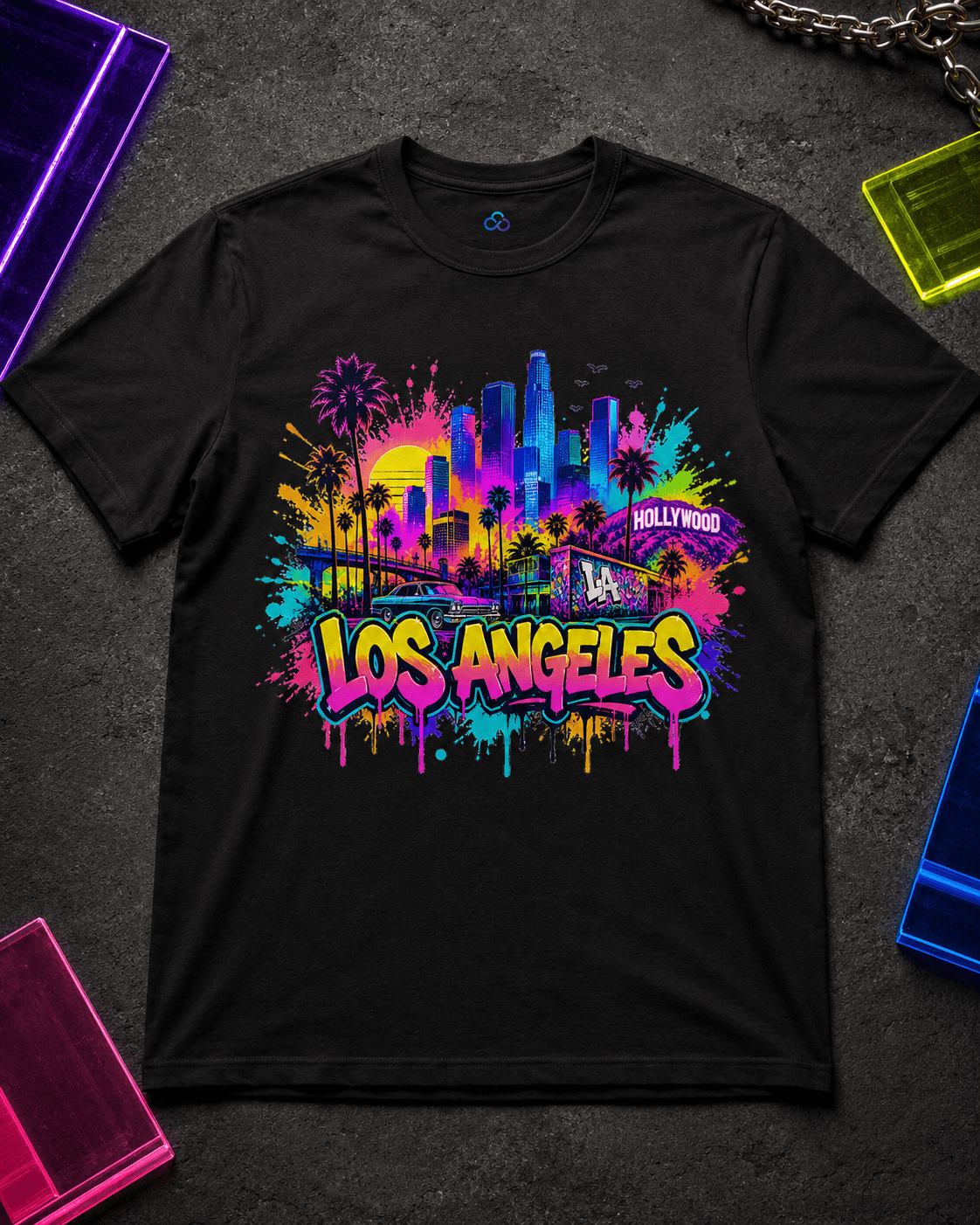 Black T-shirt with multicolor Los Angeles graffiti skyline graphic, crew neck