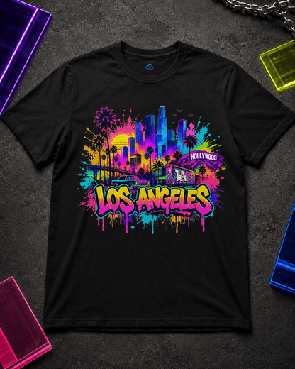 Black T-shirt with multicolor Los Angeles graffiti skyline graphic, crew neck