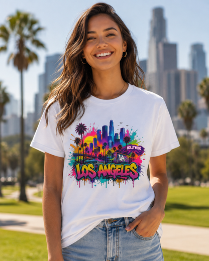 White T-shirt with colorful Los Angeles skyline, palm trees, and dripping “Los Angeles”