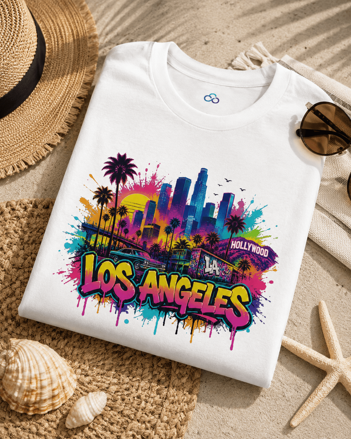 White T-shirt folded with colorful Los Angeles skyline, palm trees, and “Los Angeles”