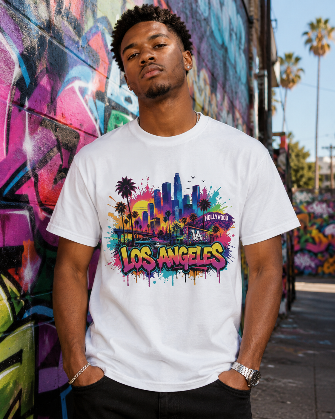 White T-shirt with bright Los Angeles skyline, palm trees, and “Hollywood” graphic