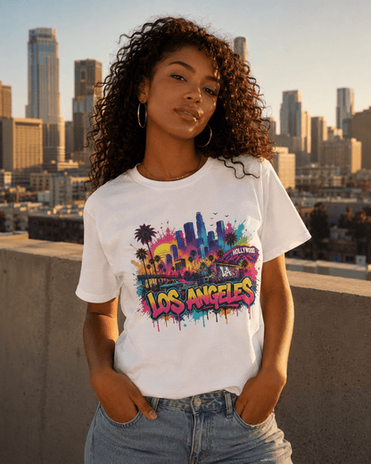 White T-shirt with colorful Los Angeles skyline scene and “Hollywood” circular label