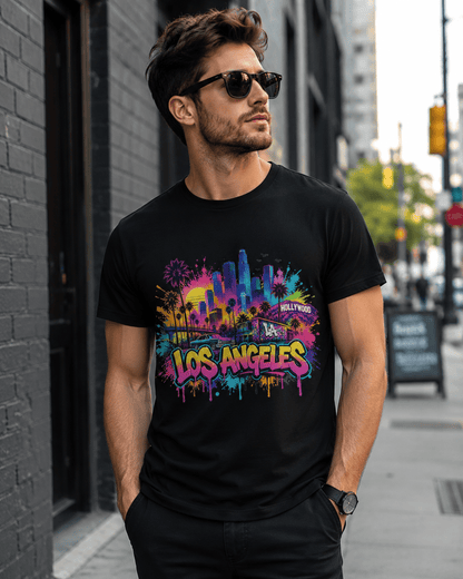 Black crewneck T-shirt with colorful Los Angeles skyline and dripping “Los Angeles”