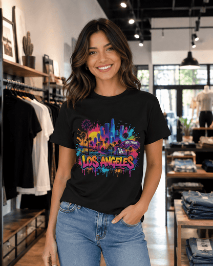 Black T-shirt with colorful Los Angeles graffiti skyline graphic on front