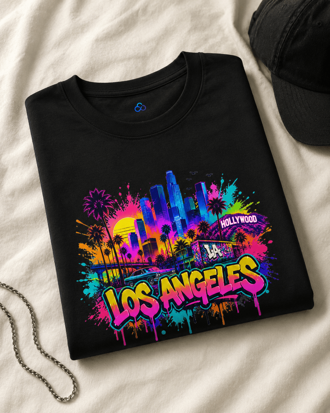 Black crew-neck T-shirt with bright Los Angeles graffiti skyline artwork