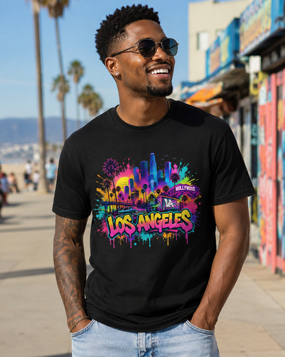 Black T-shirt featuring vibrant Los Angeles skyline, palm trees, and “Hollywood” print