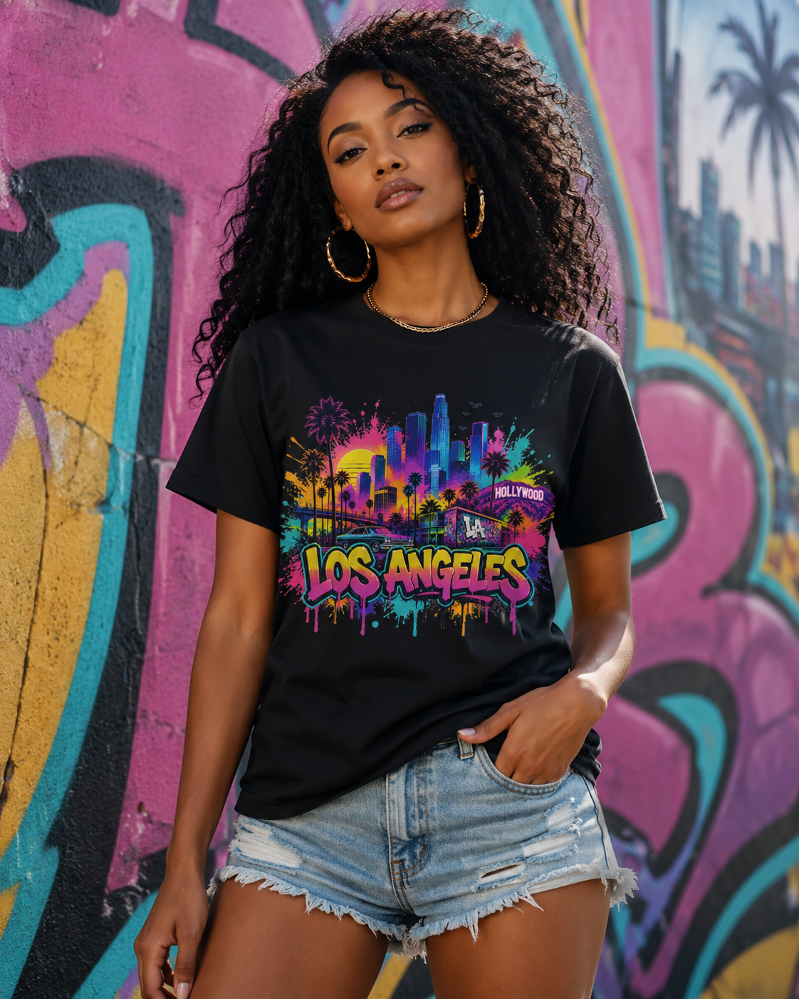Black T-shirt with colorful Los Angeles skyline graffiti print and crew neck
