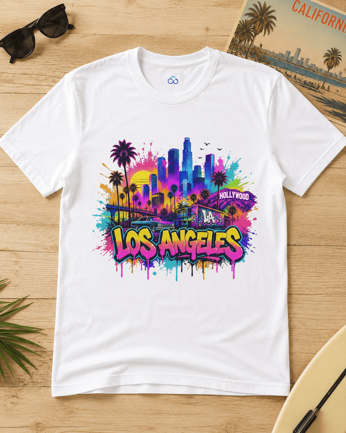 White T-shirt with colorful Los Angeles skyline and palm tree graffiti-style graphic