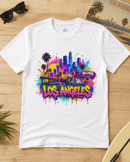 White T-shirt with colorful Los Angeles skyline and palm tree graffiti-style graphic