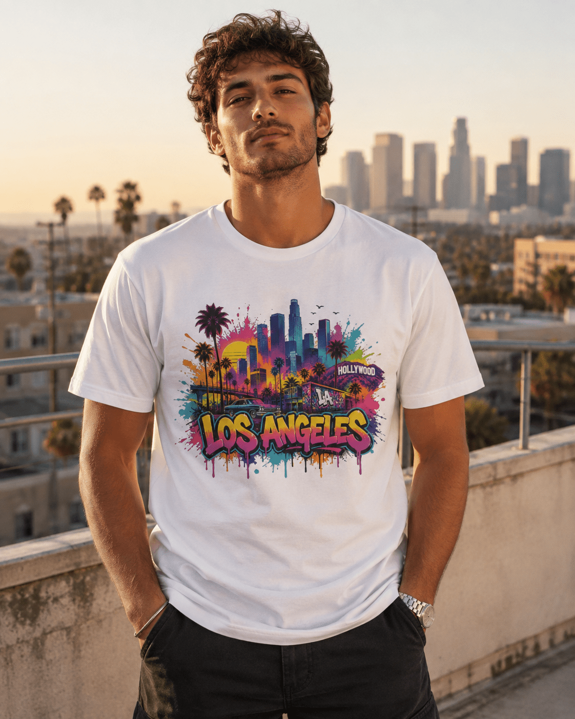 White crewneck T-shirt with colorful Los Angeles skyline and palm tree street-art print