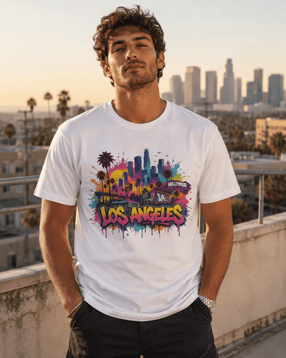 White crewneck T-shirt with colorful Los Angeles skyline and palm tree street-art print