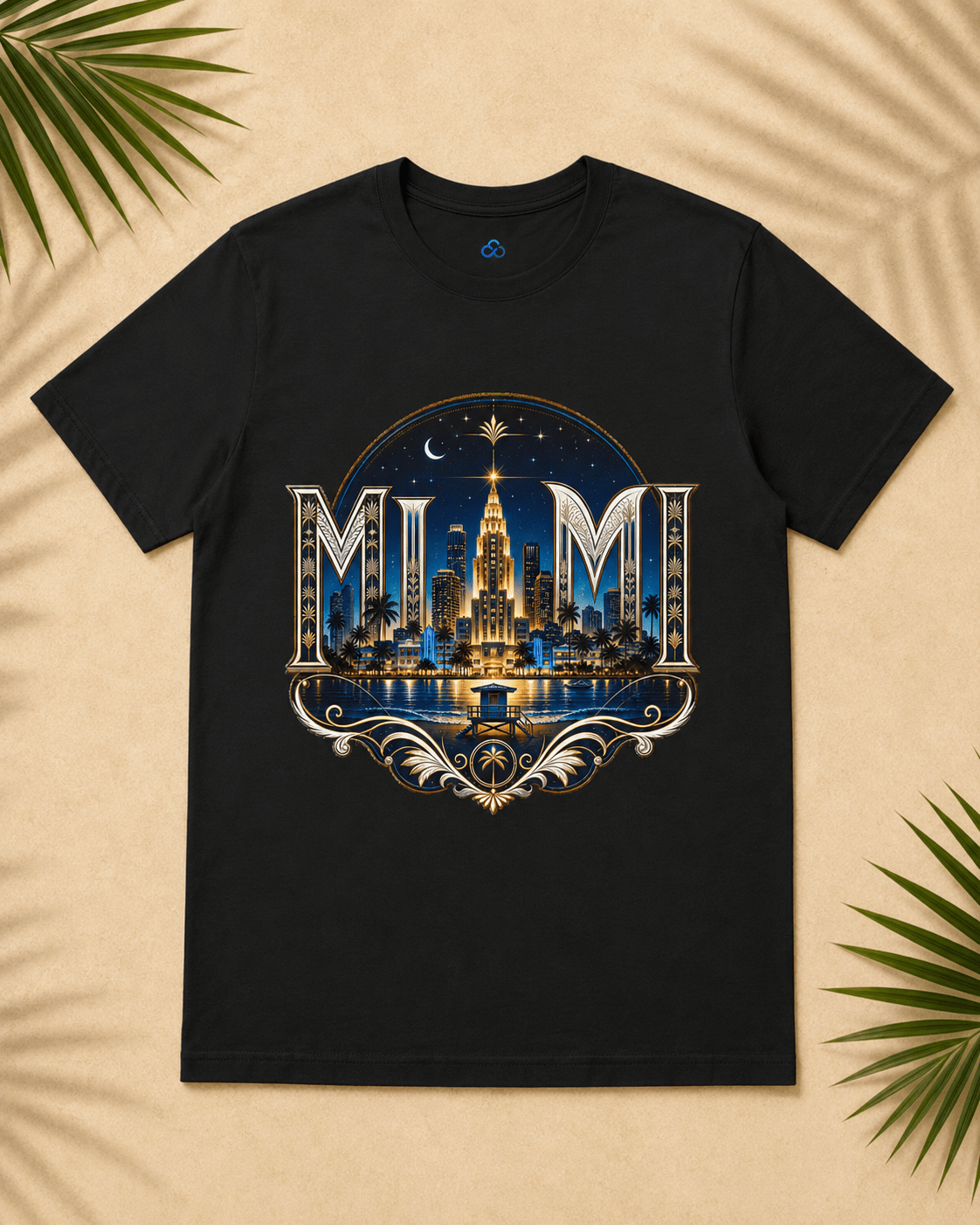 Black crew-neck graphic t-shirt with Miami skyline emblem centered