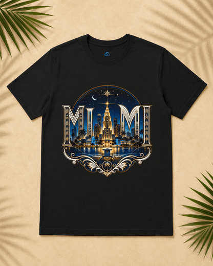Black crew-neck graphic t-shirt with Miami skyline emblem centered