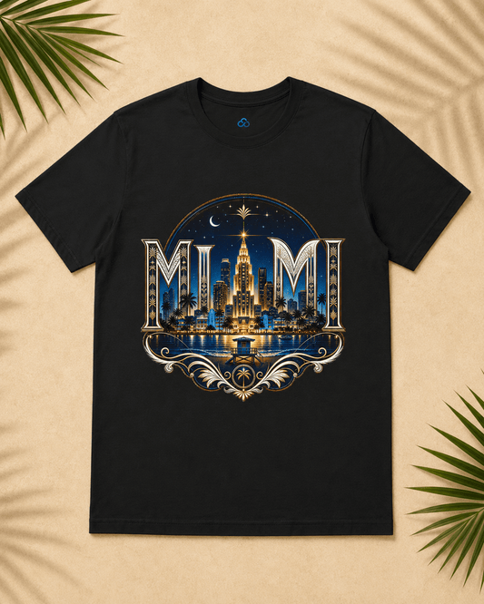 Black crew-neck graphic t-shirt with Miami skyline emblem centered