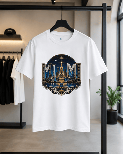 White crew-neck T-shirt with front night skyline emblem graphic, hanging on rack