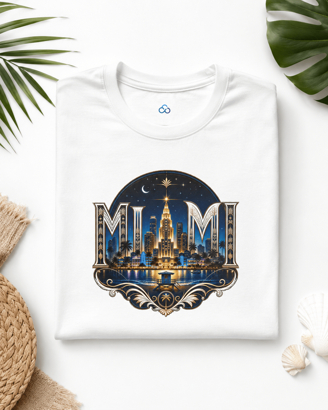 White crew-neck T-shirt with front night skyline emblem graphic, laid flat