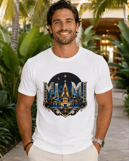 White crew-neck T-shirt with front night skyline emblem graphic