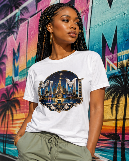 White crew-neck T-shirt with night skyline emblem graphic on front
