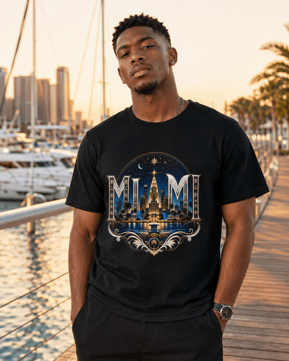 Black crew-neck T-shirt with large night skyline emblem graphic on front