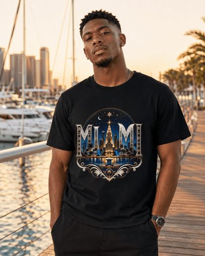 Black crew-neck T-shirt with large night skyline emblem graphic on front