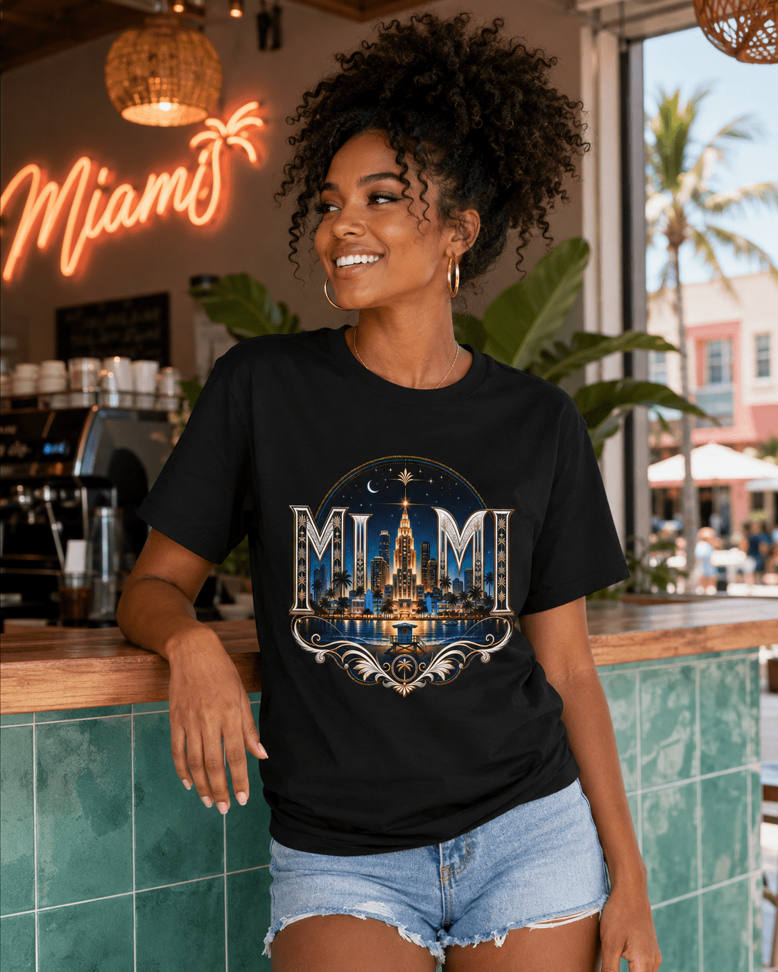 Black crew-neck t-shirt with Miami skyline graphic on front