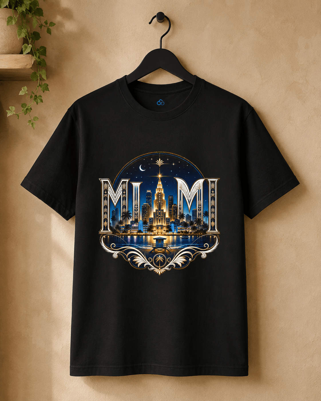 Black crew-neck graphic t-shirt, Miami skyline print with decorative banner