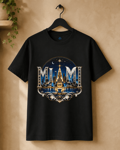 Black crew-neck graphic t-shirt, Miami skyline print with decorative banner