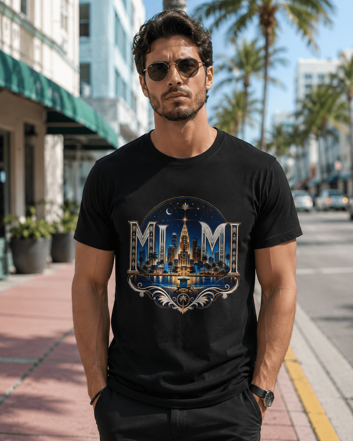 Black crew-neck T-shirt with night skyline logo graphic on front