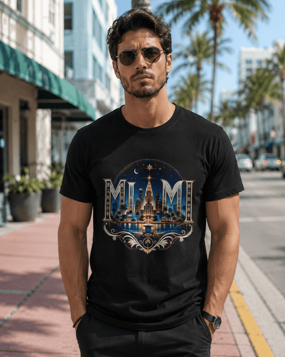 Black crew-neck T-shirt with night skyline logo graphic on front