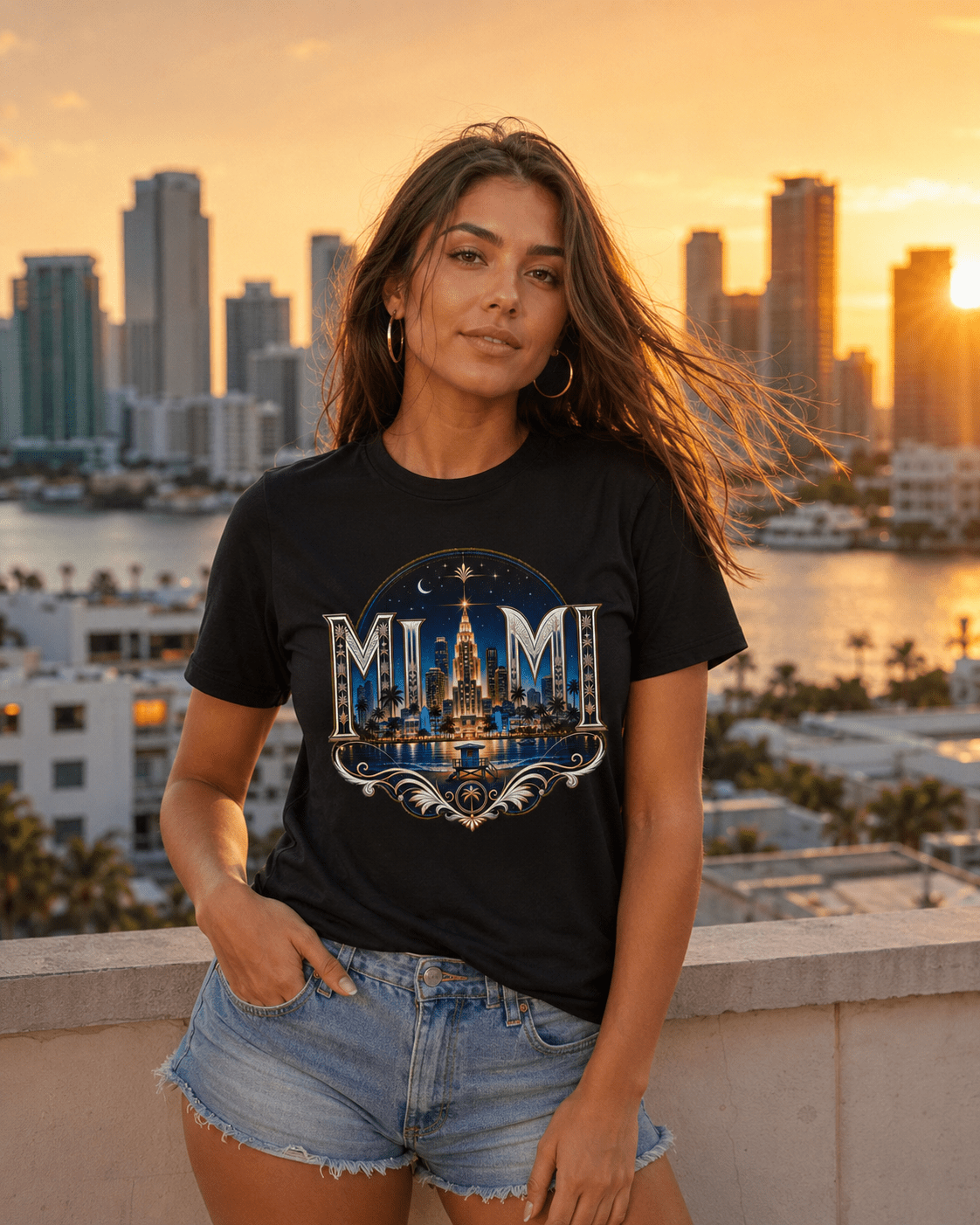 Black crew-neck T-shirt with front night skyline emblem graphic