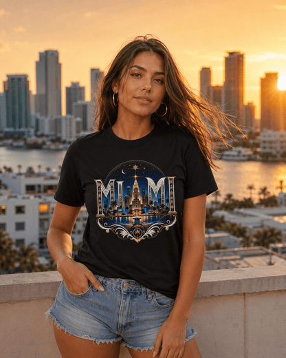 Black crew-neck T-shirt with front night skyline emblem graphic