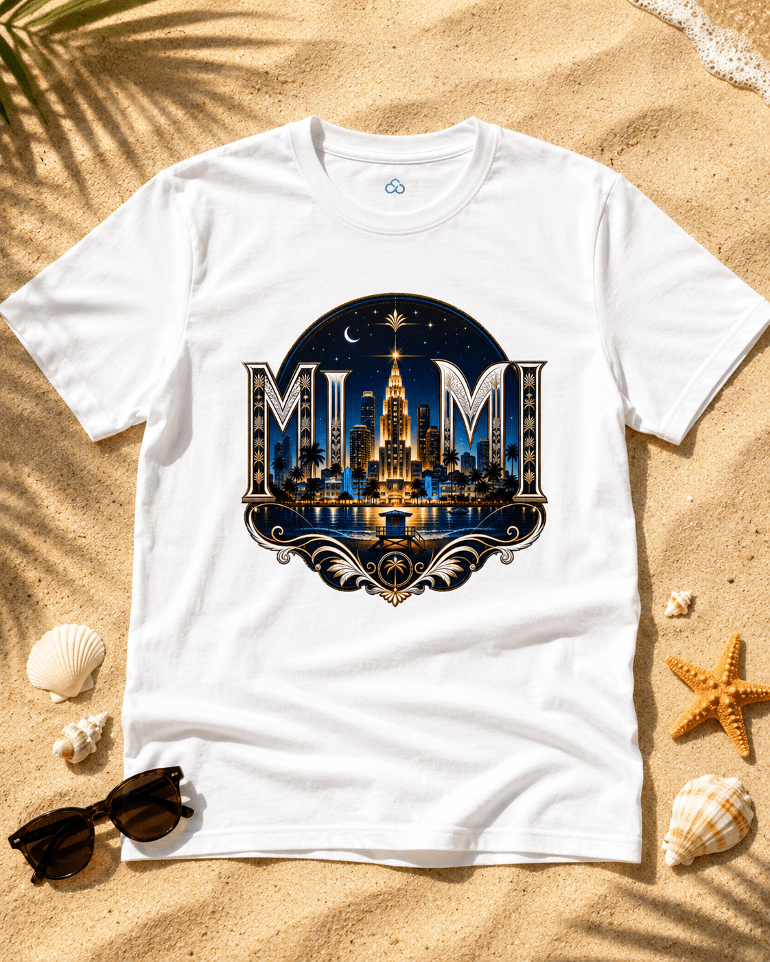 White crew-neck T-shirt with large night skyline emblem graphic on front