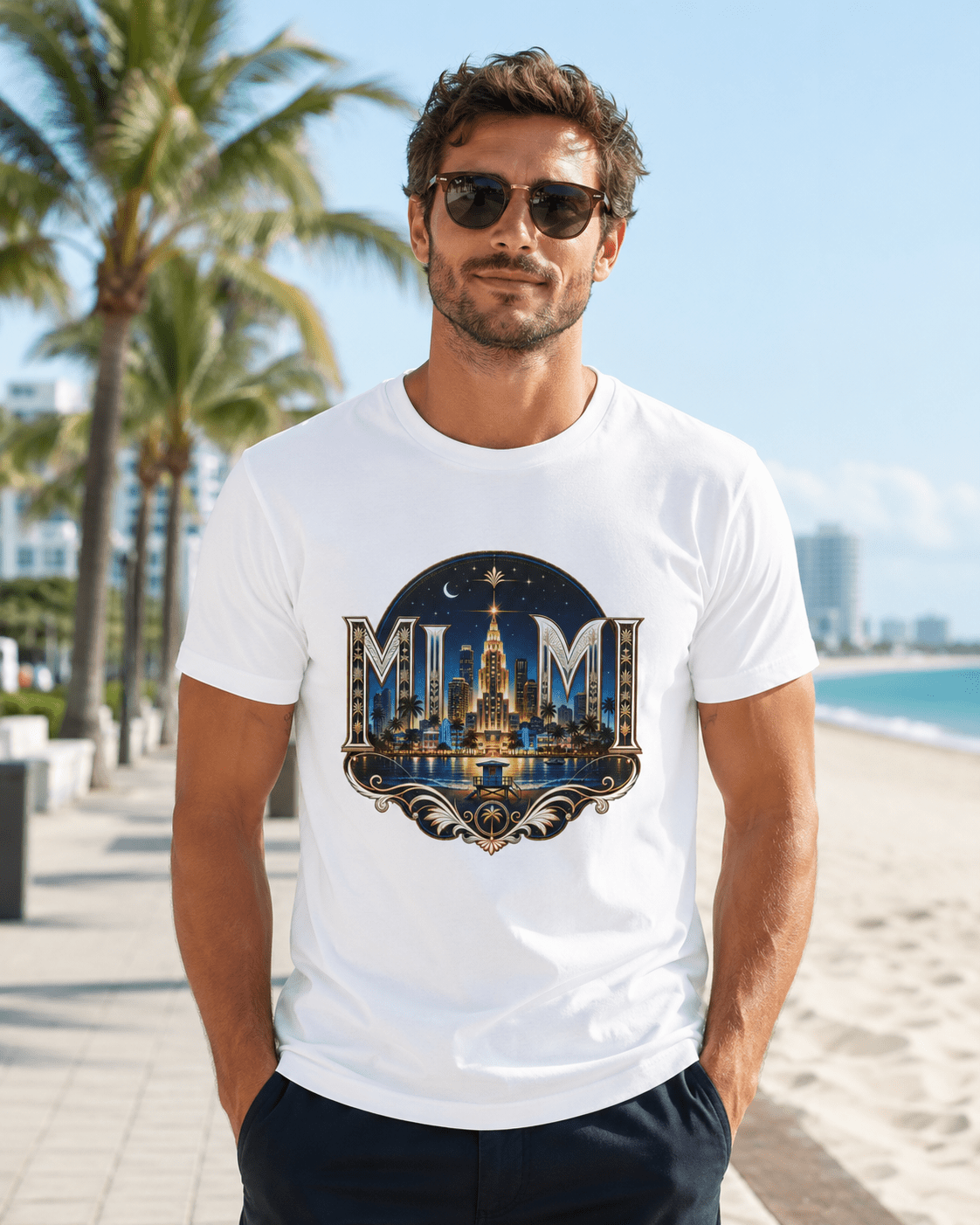 White crew-neck T-shirt with large night skyline emblem graphic on front