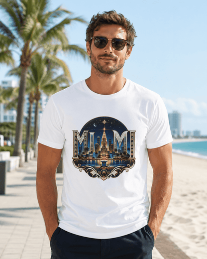 White crew-neck T-shirt with large night skyline emblem graphic on front