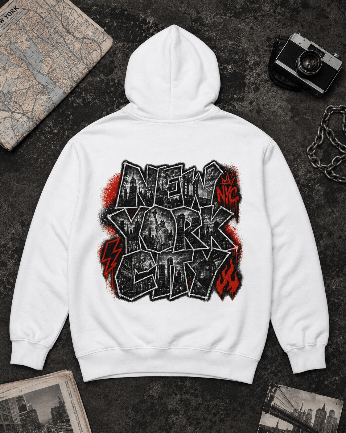 White NYC hoodie with large back graphic, hood and front kangaroo pocket