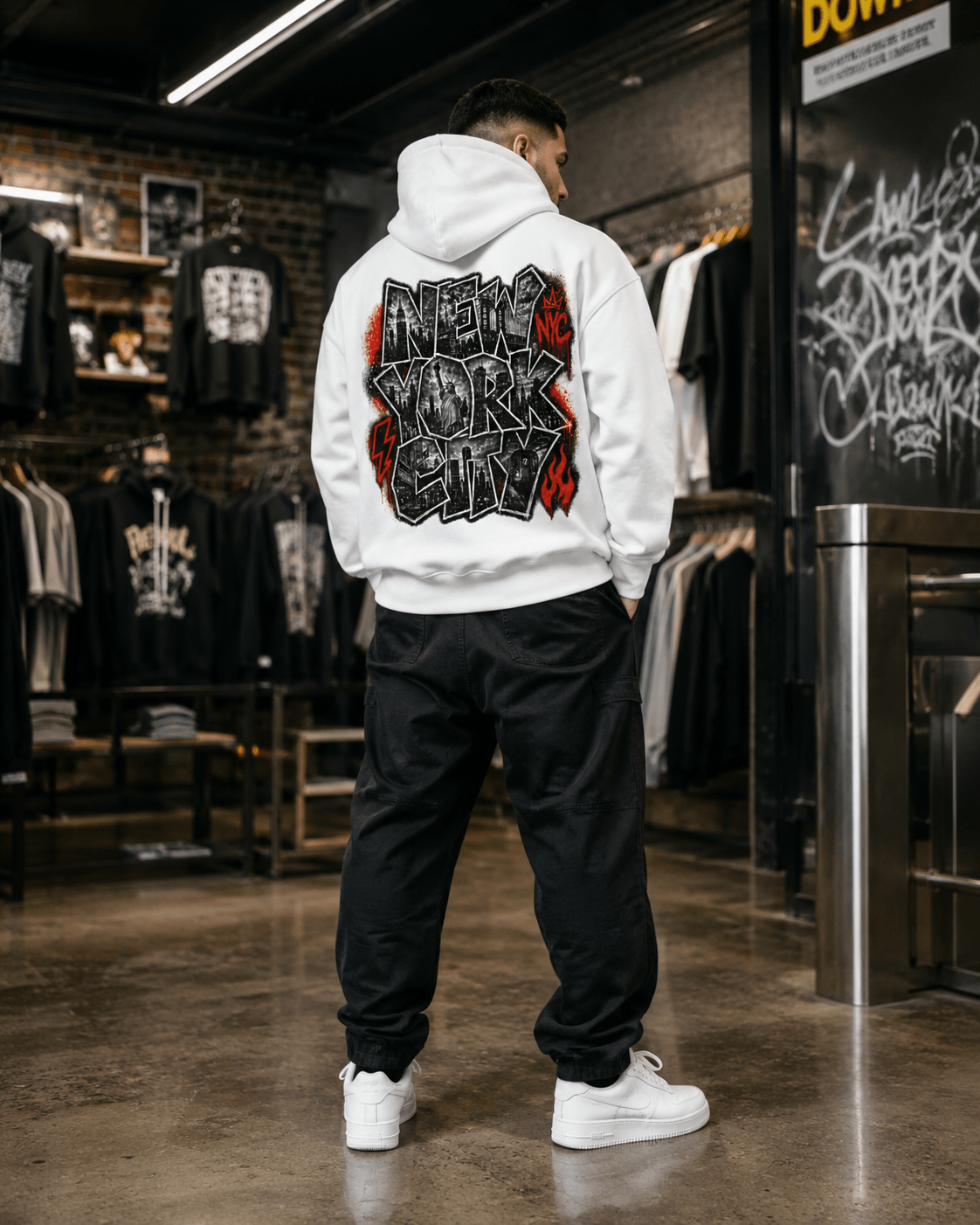 White NYC hoodie worn from back in a store setting, full back graphic and hood