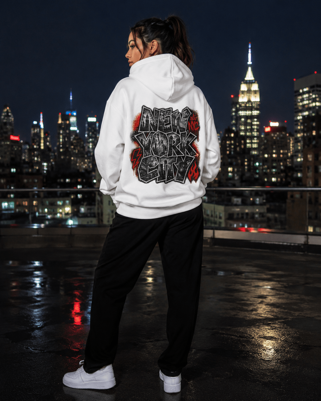 White hoodie from the back, NYC logo graphic centered above the hem