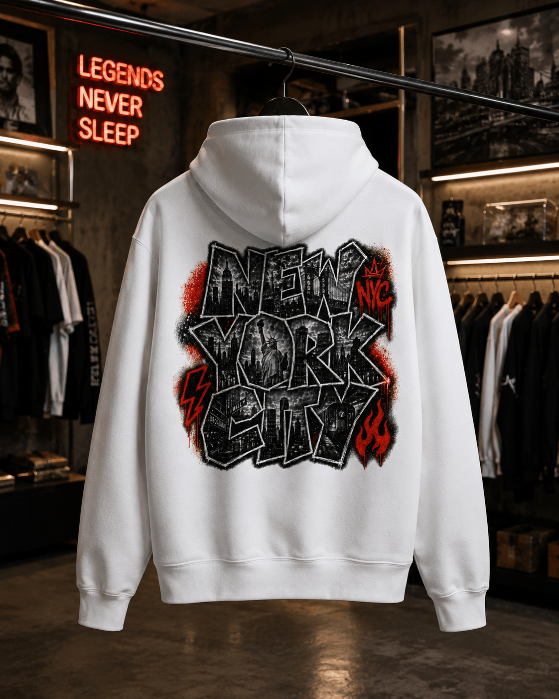 White hoodie hanging display, large NYC back graphic and hood