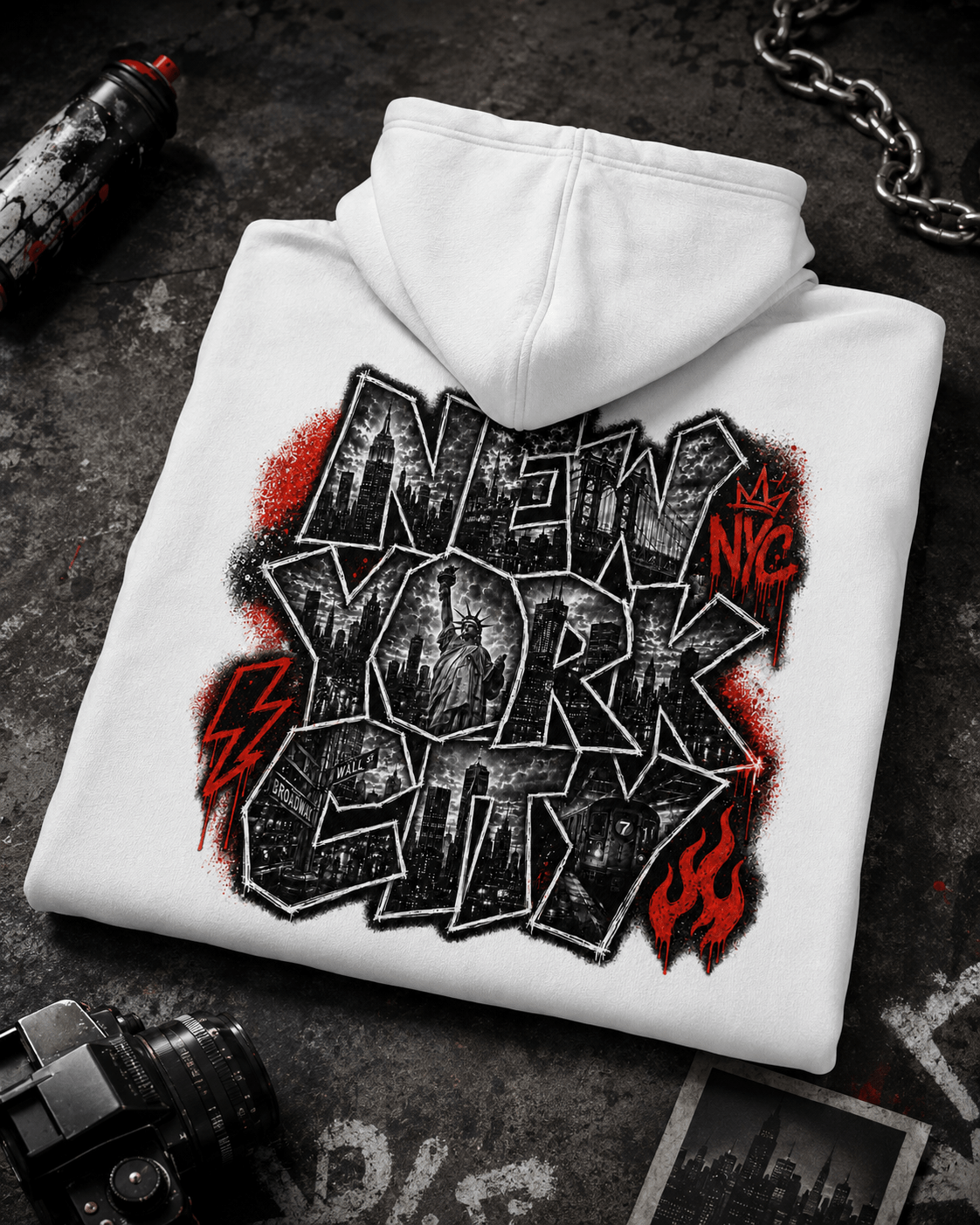 Folded white NYC hoodie with large back graphic print and attached hood